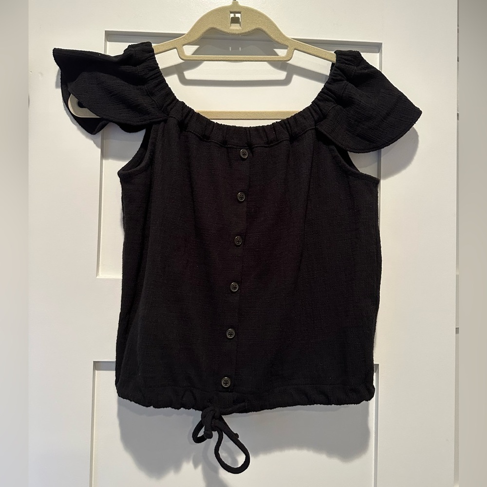 Madewell Textured Black Off Shoulder button down front tie top